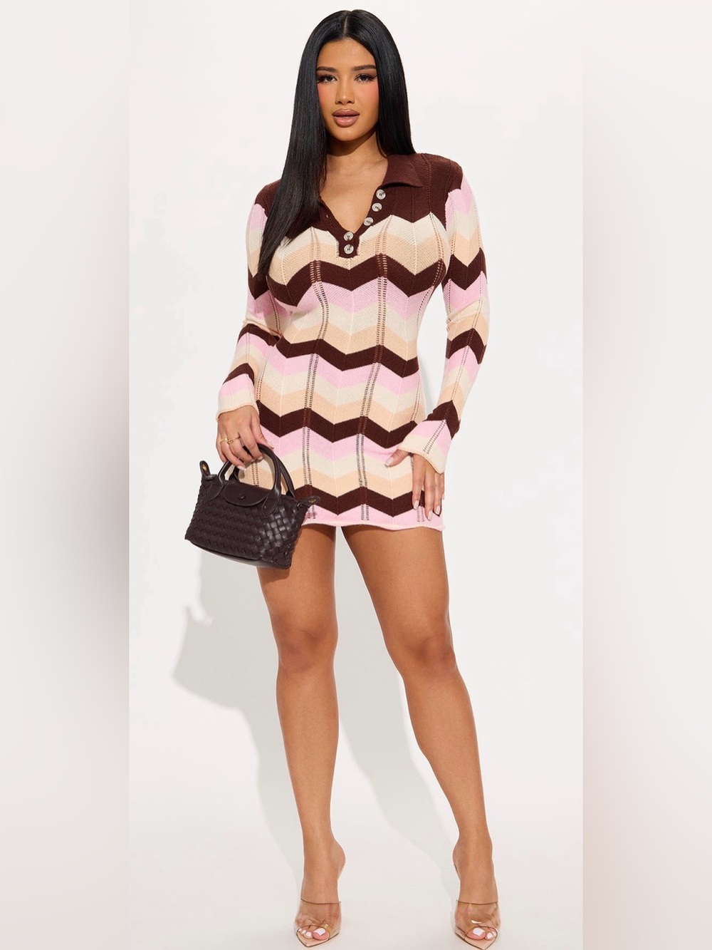 Fashion Nova Chevron Knit Polo Mini Dress in Pink & Brown-Small NWT🩷🤎